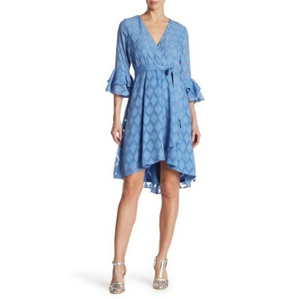 Gabby Skye Dusty Blue Dress Bell Sleeve Tie Waist Wrap Above Knee SZ 12 NWT